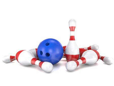 62313412 - skittles and bowling bal on white background are shown in image.