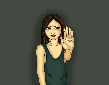 61376302 - angry and unhappy girl showing hand sign enough. against violence. stop the violence. pop art style. portrait on dark background