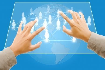14734356 - hand touching people social network on the touchscreen interface