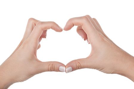 24349734 - woman hand shows heart, closeup on white